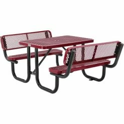 Global Industrial™ 4' Rectangular Picnic Table w/ Backrests, Expanded Metal, Red