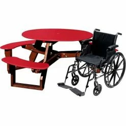 Polly Products Round Picnic Table, Handicap Accessible, Red Top/Brown Frame