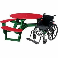 Polly Products Round Picnic Table, Handicap Accessible, Red Top/Green Frame