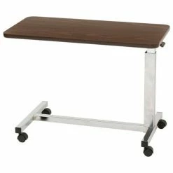 Drive Medical Low Height Overbed Table, 15" x 30" Tabletop, 19.5"- 27.5" Height, Walnut