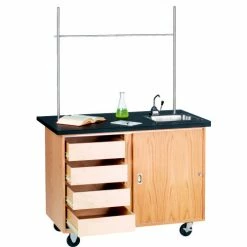 Diversified Spaces Mobile Science Workstation with Drawers - Oak with Chemguard Top