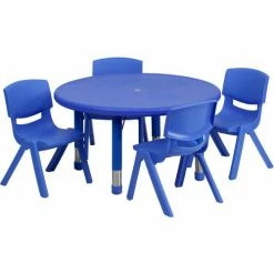 Flash Furniture 33" Round Plastic Height-Adjustable Activity Table Set with 4 Chairs - Blue -Tables Shop FHF YU YCX 0073 2 ROUND TBL BLUE E GG