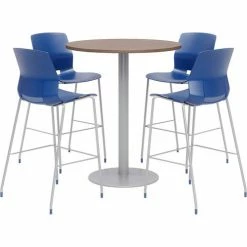 KFI Seating KFI 36" Round Bistro Table & 4 Barstool Set, Studio Teak Table With Navy Stools