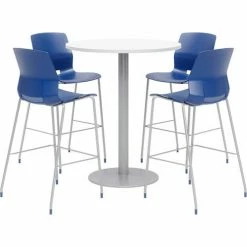 KFI Seating KFI 42" Round Bistro Table & 4 Barstool Set, White Table With Navy Stools