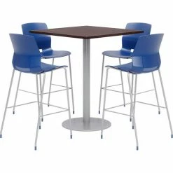 KFI Seating KFI 36" Square Bistro Table & 4 Barstool Set, Espresso Table With Navy Stools