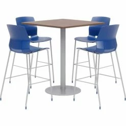 KFI Seating KFI 36" Square Bistro Table & 4 Barstool Set, Teak Table With Navy Stools
