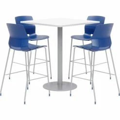 KFI Seating KFI 36" Square Bistro Table & 4 Barstool Set, White Table With Navy Stools