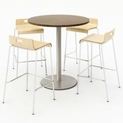 KFI Seating KFI 36" Round Dining Table & 4 Barstool Set, Studio Teak Table With Natural Stools