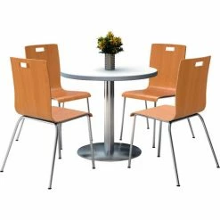 KFI Seating KFI 36" Round Dining Table & 4 Chair Set, White Table With Natural Chairs