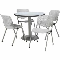 KFI Seating KFI 36" Round Dining Table & Chair Set, Gray Nebula Table With Light Gray Plastic Chairs