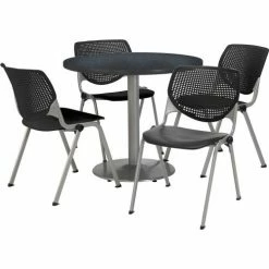 KFI Seating KFI 36" Round Dining Table & Chair Set, Graphite Table With Black Plastic Chairs