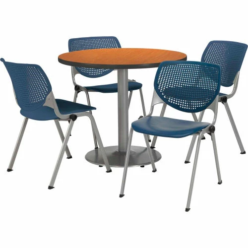 KFI Seating KFI 36" Round Dining Table & Chair Set, Medium Oak Table With Navy Plastic Chairs 1 KFI Seating KFI 36" Round Dining Table & Chair Set, Medium Oak Table With Navy Plastic Chairs