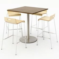 KFI Seating KFI 36" Dining Table & 4 Barstool Set, Teak Table With Natural Stools