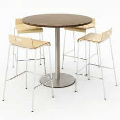 KFI Seating KFI 42" Round Dining Table & 4 Barstool Set, Studio Teak Table With Natural Stools