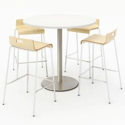 KFI Seating KFI 42" Round Dining Table & 4 Barstool Set, Designer White Table With Natural Stools