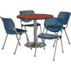 KFI Seating KFI 42" Round Dining Table & Chair Set, Mahogany Table With Navy Plastic Chairs