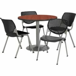 KFI Seating KFI 42" Round Dining Table & Chair Set, Mahogany Table With Black Plastic Chairs