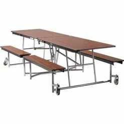 National Public Seating NPS® Mobile Cafeteria Table With Fixed Benches, 121"L x 56"W, Walnut Top/Chrome Frame