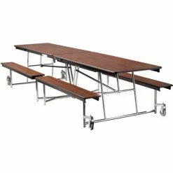 National Public Seating NPS® Mobile Cafeteria Table With Fixed Benches, 145"L x 56"W, Walnut Top/Chrome Frame