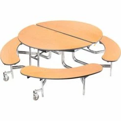 National Public Seating NPS® 60" Round Foldable Cafeteria Table With Benches, Oak Top/Chrome Frame