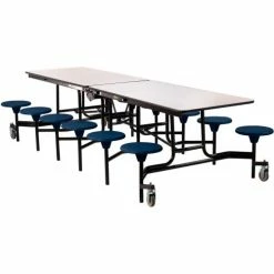 National Public Seating NPS® Mobile Cafeteria Table With Stools, 121"L x 59"W, Gray Top/Blue Stools/Black Frame