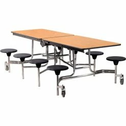National Public Seating NPS® Mobile Cafeteria Table With Stools, 97"L x 59"W, Oak Top/Black Stools/Chrome Frame