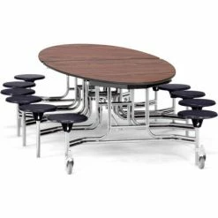National Public Seating NPS® Mobile Cafeteria Table w/Black Stools,121"L x 73-1/2"WElliptical, Walnut Top/Chrome Frame