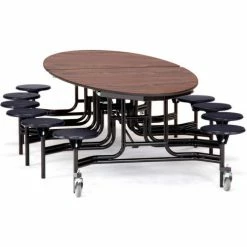 National Public Seating NPS® Mobile Cafeteria Table w/Black Stools,121"L x 73-1/2"W Elliptical, Walnut Top/Black Frame