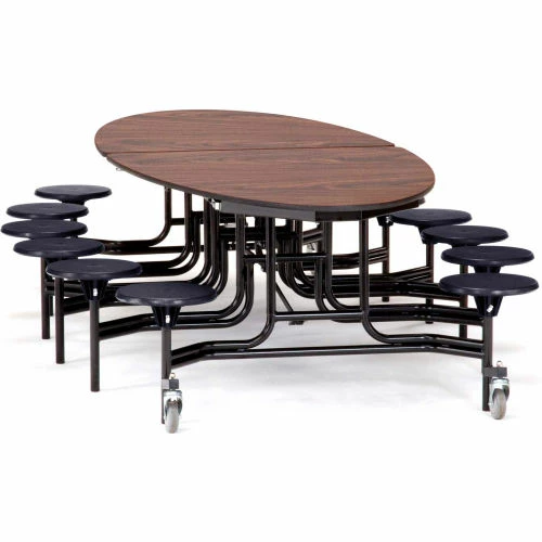 National Public Seating NPS® Mobile Cafeteria Table w/Black Stools,121"L x 73-1/2"W Elliptical, Walnut Top/Black Frame 1 National Public Seating NPS® Mobile Cafeteria Table w/Black Stools,121"L x 73-1/2"W Elliptical, Walnut Top/Black Frame