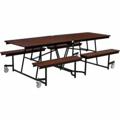 National Public Seating NPS® Mobile Cafeteria Table With Fixed Benches, 145"L x 56"W, Walnut Top/Black Frame -Tables Shop NAA MTFB Walnut