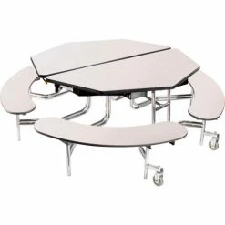 National Public Seating NPS® Mobile Cafeteria Table w/Benches, 60" Octagon, Gray Top, Chrome Frame