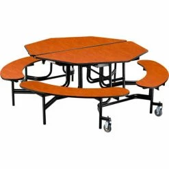 National Public Seating NPS® Mobile Cafeteria Table w/Benches, 60" Octagon, Cherry Top, Black Frame