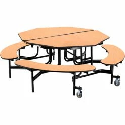 National Public Seating NPS® Mobile Cafeteria Table w/Benches, 60" Octagon, Oak Top, Black Frame
