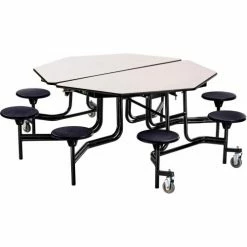 National Public Seating NPS® Mobile Cafeteria Table w/Black Stools, 60" Octagon, Gray Top, Black Frame