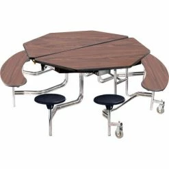 National Public Seating NPS® Mobile Cafeteria Table w/Stools & Benches, 60" Octagon, Walnut Top, Chrome Frame