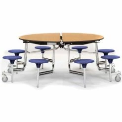 National Public Seating NPS® 60" Round Mobile Cafeteria Table With Stools, Oak Top/Blue Stools/Chrome Frame