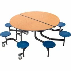 National Public Seating NPS® 60" Round Mobile Cafeteria Table With Stools, Oak Top/Blue Stools/Black Frame -Tables Shop NAA MTR60S PCOK04 01