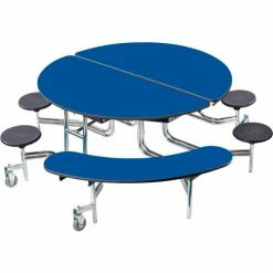 National Public Seating NPS® Mobile Cafeteria Table w/Stools & Benches, 60" Round, Blue Top, Chrome Frame