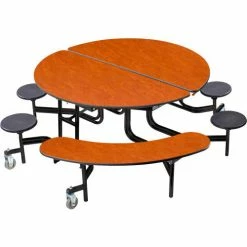 National Public Seating NPS® Mobile Cafeteria Table w/Stools & Benches, 60" Round, Cherry Top, Black Frame