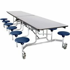 National Public Seating NPS® Mobile Cafeteria Table With Stools, 121"L x 59"W, Gray Top/Blue Stools/Chrome Frame