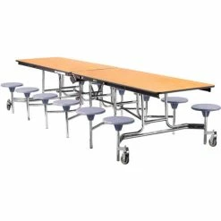 National Public Seating NPS® Mobile Cafeteria Table With Stools, 145"L x 59"W, Oak Top/Gray Stools/Chrome Frame