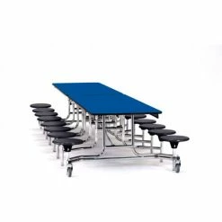 National Public Seating NPS® Mobile Cafeteria Table w/16 Black Stools, 145"L x 59"W, Blue Top, Chrome Frame