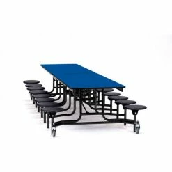 National Public Seating NPS® Mobile Cafeteria Table w/16 Black Stools, 145"L x 59"W, Blue Top, Black Frame