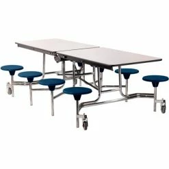 National Public Seating NPS® Mobile Cafeteria Table With Stools, 97"L x 59"W, Gray Top/Blue Stools/Chrome Frame -Tables Shop NAA MTS8 CRGY04 01