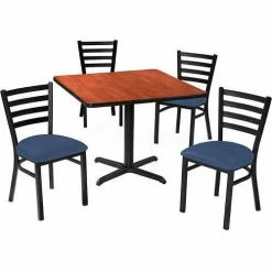 Premier Hospitality Furniture Premier Hospitality 42" Square Table & Ladder Back Chair Set, Gray Nebula/Slate Blue Vinyl Chair