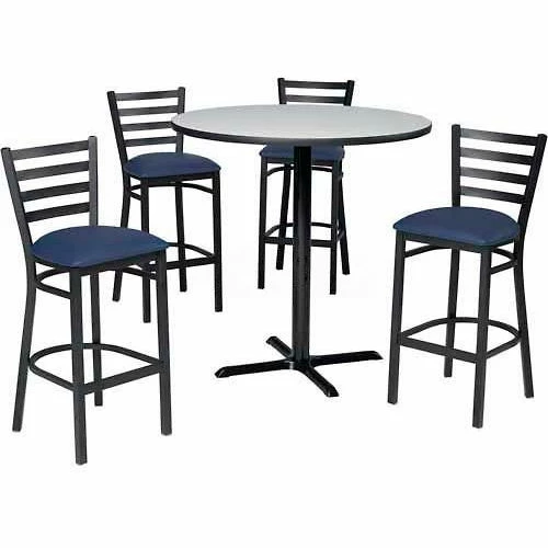 Premier Hospitality Furniture Premier Hospitality 36" Round Table & Barstools W/Ladder Back, Mahogany Table/Blue Seats 1 Premier Hospitality Furniture Premier Hospitality 36" Round Table & Barstools W/Ladder Back, Mahogany Table/Blue Seats
