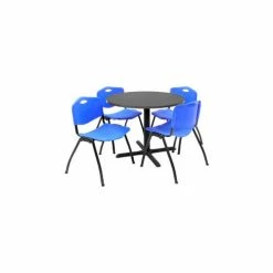 Regency 36" Round Table & Chair Set W/Standard Plastic Chairs, Walnut Table/Blue Chairs