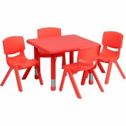 Flash Furniture 24'' Square Plastic Height Adjustable Activity Table Set with 4 Chairs - Red