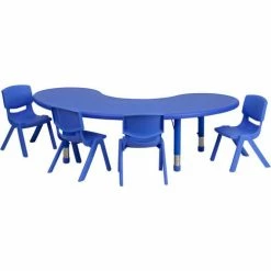 Flash Furniture 65"L Half-Moon Plastic Height-Adjustable Activity Table Set with 4 Chairs - Blue