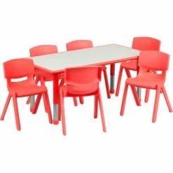 Flash Furniture 47.25" Rectangle Plastic Height Adjustable Activity Table Set with 6 Chairs - Red